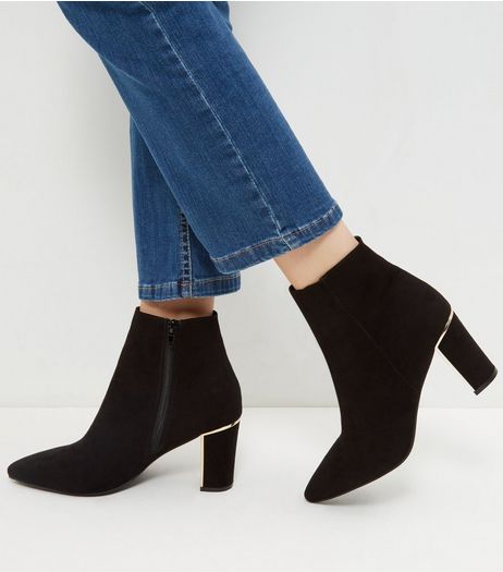 Black Suedette Gold Trim Block Heel Boots | New Look