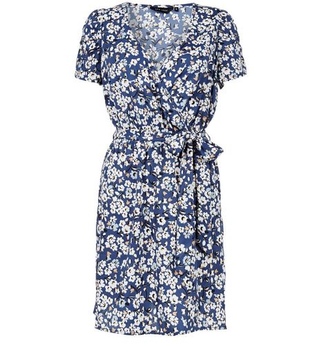 Blue Daisy Floral Print Wrap Front Dress | New Look
