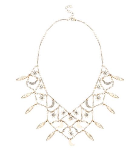 Gold Floral Gem Stone Drape Necklace | New Look