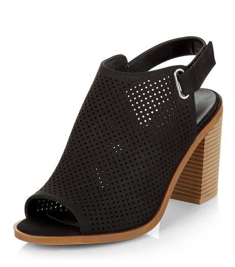 Wide Fit Black Laser Cut Out Sling Back Block Heels | New Look