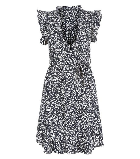 Apricot Navy Floral Print Frill V Neck Dress | New Look