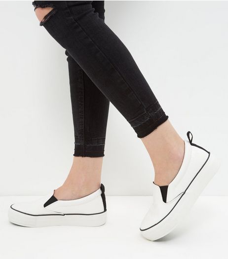 Wide Fit White Snakeskin Texture Flatform Plimsolls | New Look