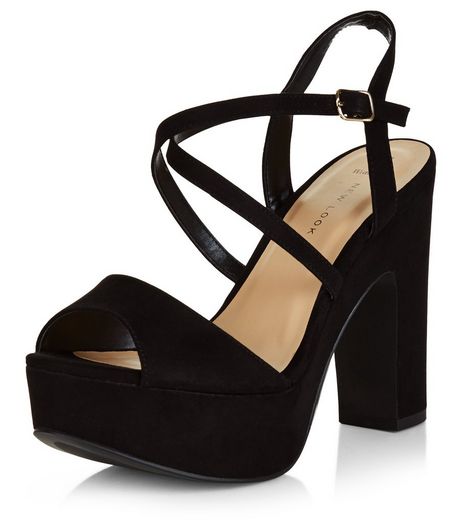 Wide Fit Black Suedette Cross Strap Block Heels | New Look