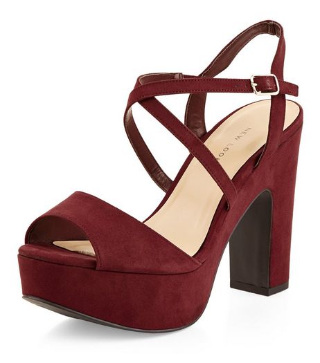 Wide Fit Dark Red Suedette Cross Strap Block Heels | New Look