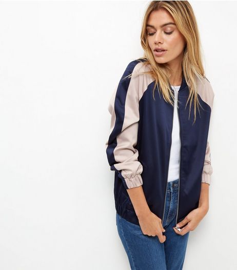 Blue Sateen Colour Block Bomber Jacket | New Look