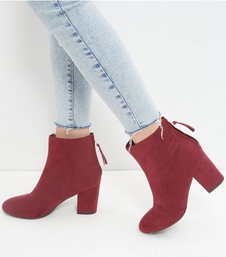 Dark Red Suedette Block Heel Boots | New Look