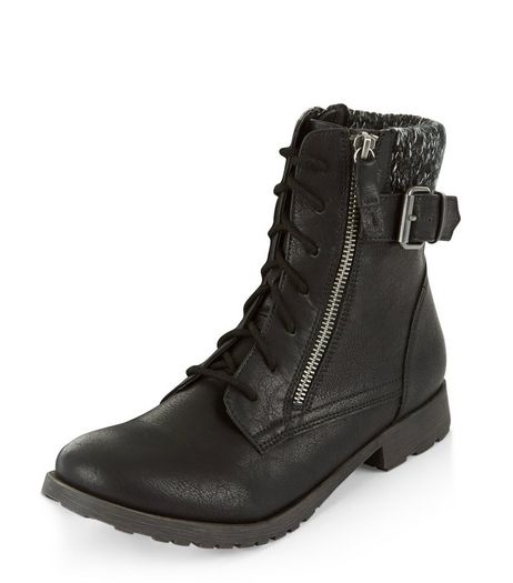 Black Knitted Cuff Lace Up Boots | New Look
