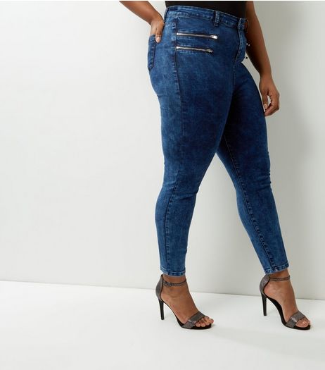 Curves Navy Acid Wash Multi Zip Skinny Jeans | New Look