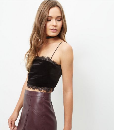 Black Lace Trim Velvet Crop Top | New Look