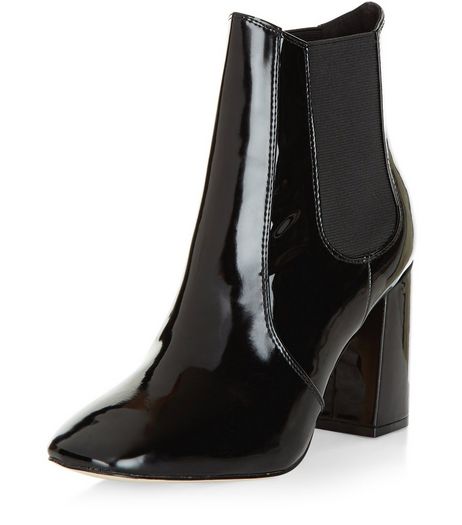Black Patent Block Heel Chelsea Boots | New Look