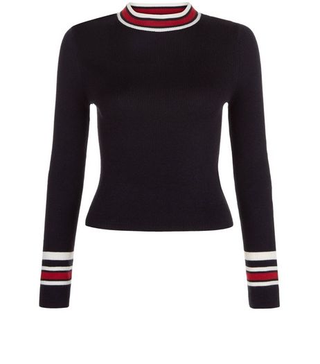 Teens Black Ribbed Stripe Hem Funnel Neck Top | New Look