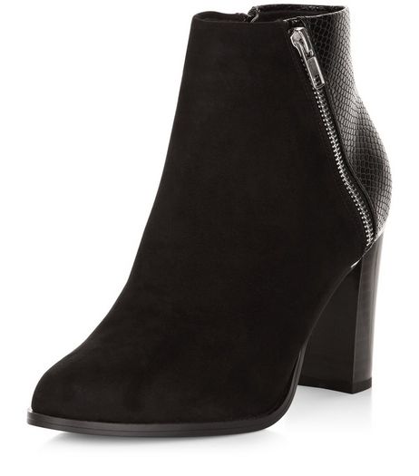 Black Snakeskin Texture Panel Block Heel Boots | New Look