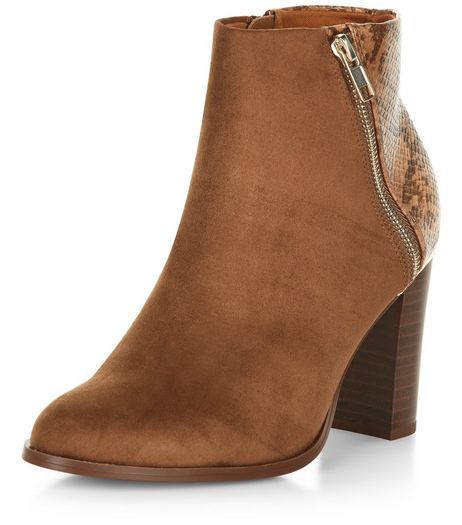 Camel Snakeskin Texture Panel Block Heel Boots | New Look