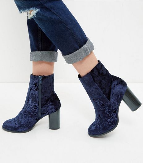 Navy Velvet Block Heel Ankle Boots | New Look