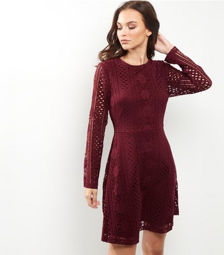 Burgundy Lace Long Sleeve Skater Dress | New Look