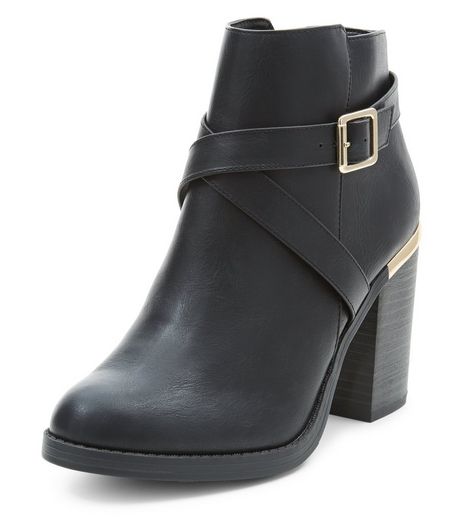Black Cross Strap Block Heel Ankle Boots | New Look