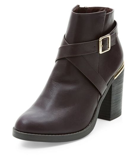 Dark Red Cross Strap Block Heel Ankle Boots | New Look