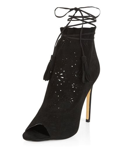 Black Premium Leather Laser Cut Out Peep Toe Heels | New Look