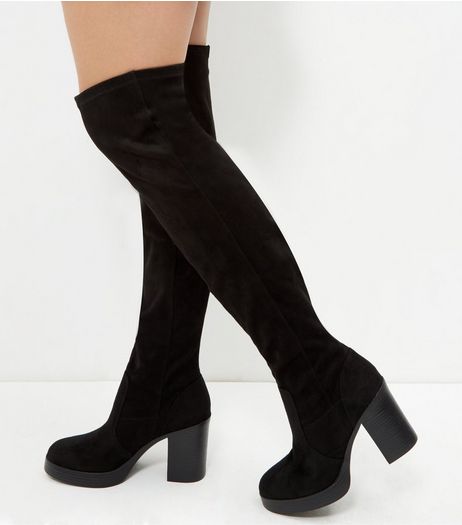 Black Suedette Block Heel Over The Knee Boots | New Look