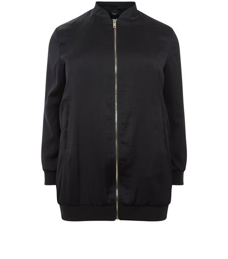 Curves Black Sateen Longline Bomber Jacket | New Look