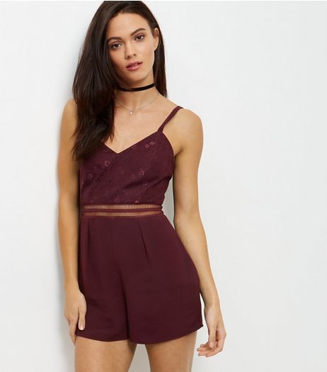 Burgundy Lace Panel Playsuit | New Look