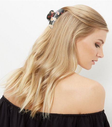 Black Daisy Print Bulldog Clip | New Look