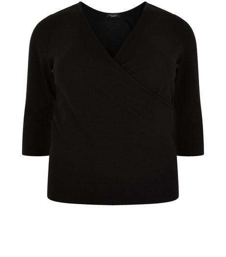 Curves Black Wrap V Neck Top | New Look