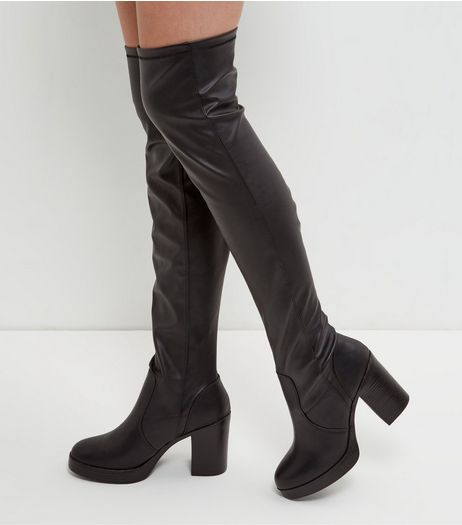 Black Leather-Look Block Heel Over The Knee Boots | New Look