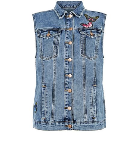 Blue Butterfly Badge Denim Gilet | New Look