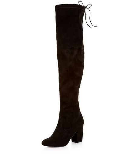 Black Suedette Tie Back Over The Knee Boots | New Look