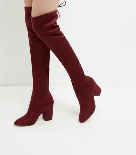 Dark Red Suedette Tie Back Over The Knee Boots | New Look