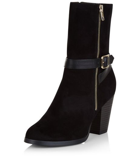 Black Buckle Strap Block Heel Calf Boots | New Look