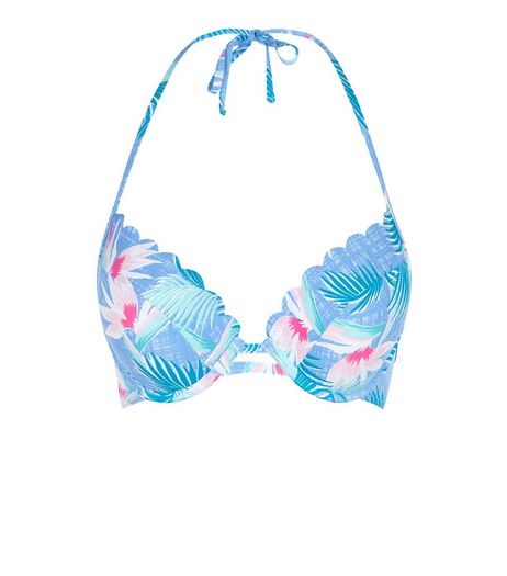 Blue Tropical Print Extreme Push Up Bikini Top | New Look