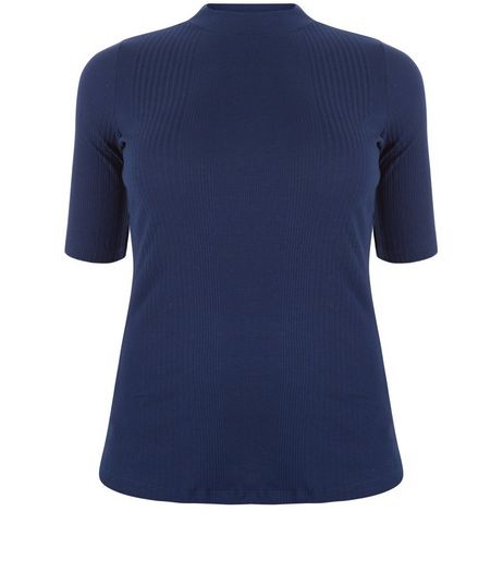 Curves Navy Ribbed Funnel Neck Top | New Look