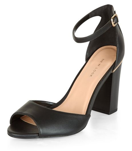 Black Peep Toe Metal Trim Block Heel Sandals | New Look