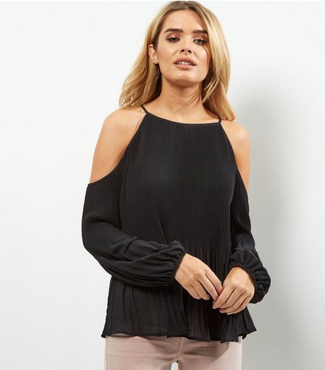 Black Pleated Cold Shoulder Long Sleeve Top | New Look
