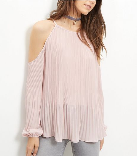Pink Pleated Cold Shoulder Long Sleeve Top | New Look