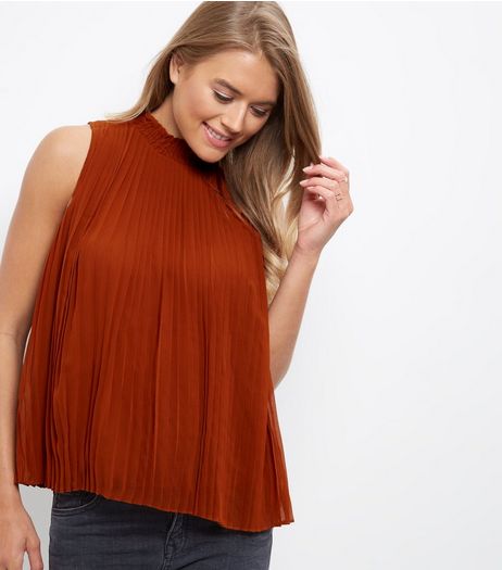 Brown Pleated Funnel Neck Sleeveless Top | New Look