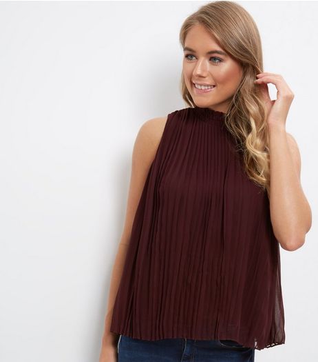 Dark Purple Pleated Funnel Neck Sleeveless Top | New Look