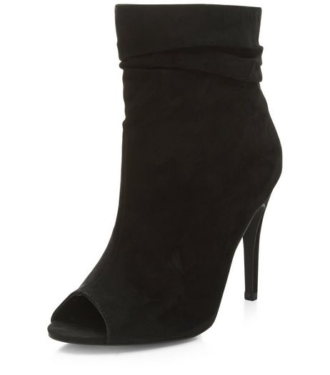 Black Suedette Peep Top Heeled Boots | New Look