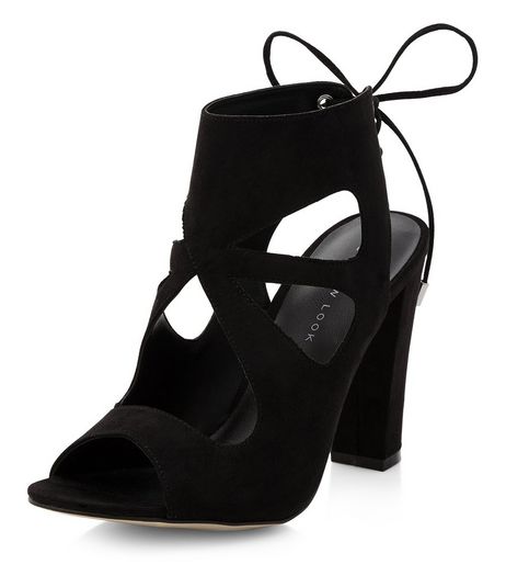 Black Suedette Cut Out Tie Back Heeled Sandals | New Look