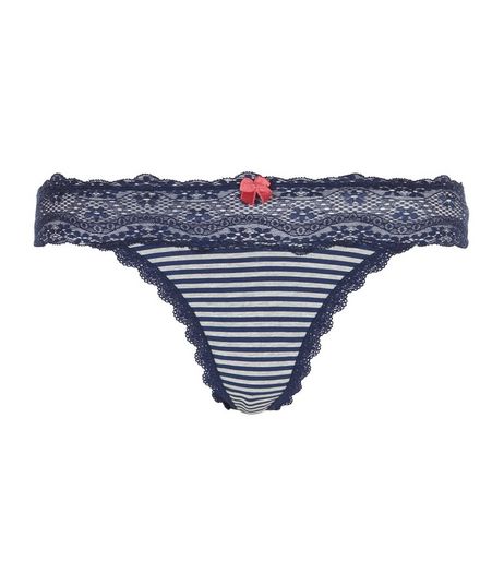 Navy Stripe Lace Trim Thong | New Look