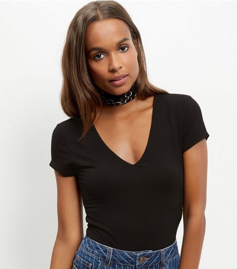Black V Neck Cap Sleeve Bodysuit | New Look