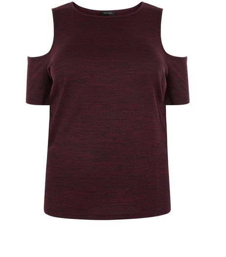 Curves Burgundy Ribbed Cold Shoulder Top | New Look