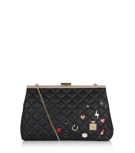Black Quilted Badge Clutch | New Look
