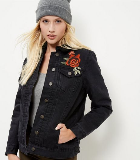 Black Rose Embroidered Borg Lined Denim Jacket | New Look
