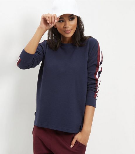 Navy Ribbed Tape Stripe Sleeve Sweater | New Look