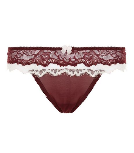 Dark Red Contrast Lace Thong | New Look