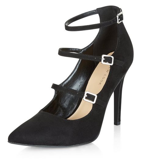 Black Suedette Triple Strap Pointed Heels | New Look