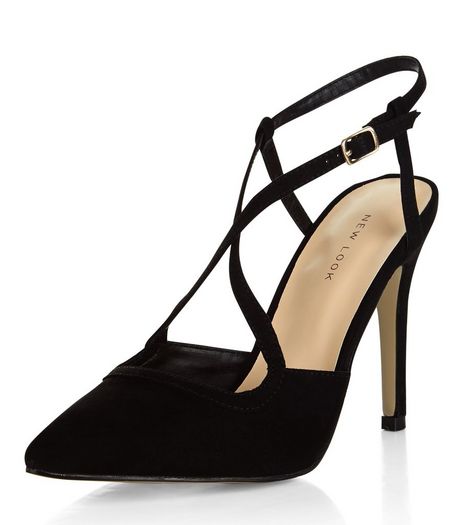 Black Suedette Cross Strap Pointed Heels | New Look